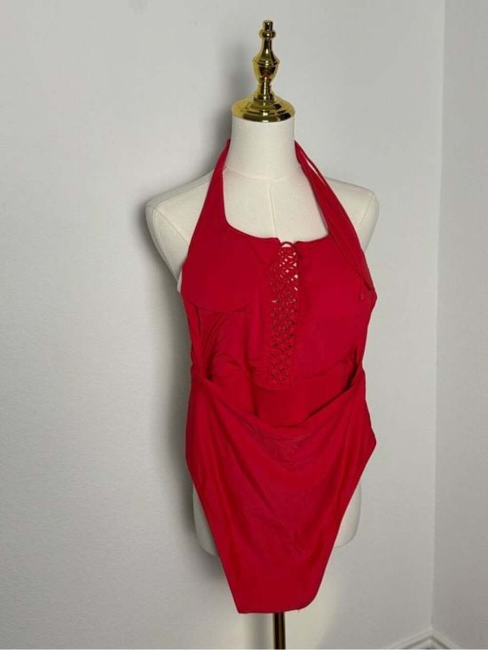 aerie Red One-Piece Swimsuit Knotted Design with Halter Top and Removable Pads L - Picture 2 of 4